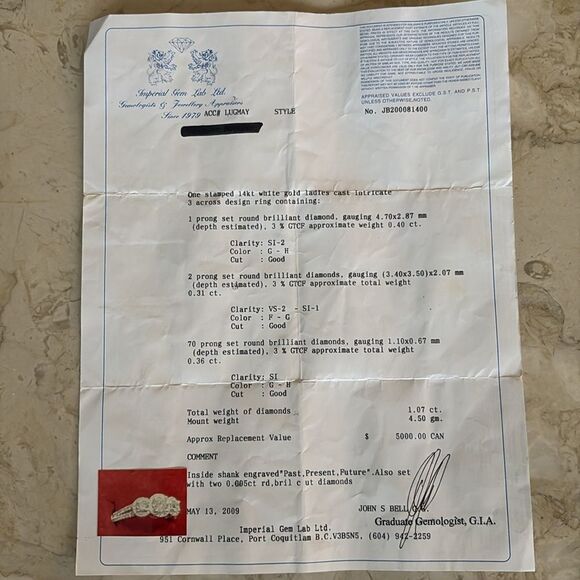 1.07 Carat Natural Diamond Past, Present, Future 14K Gold Engagement Ring $5,600 - Picture 15 of 15